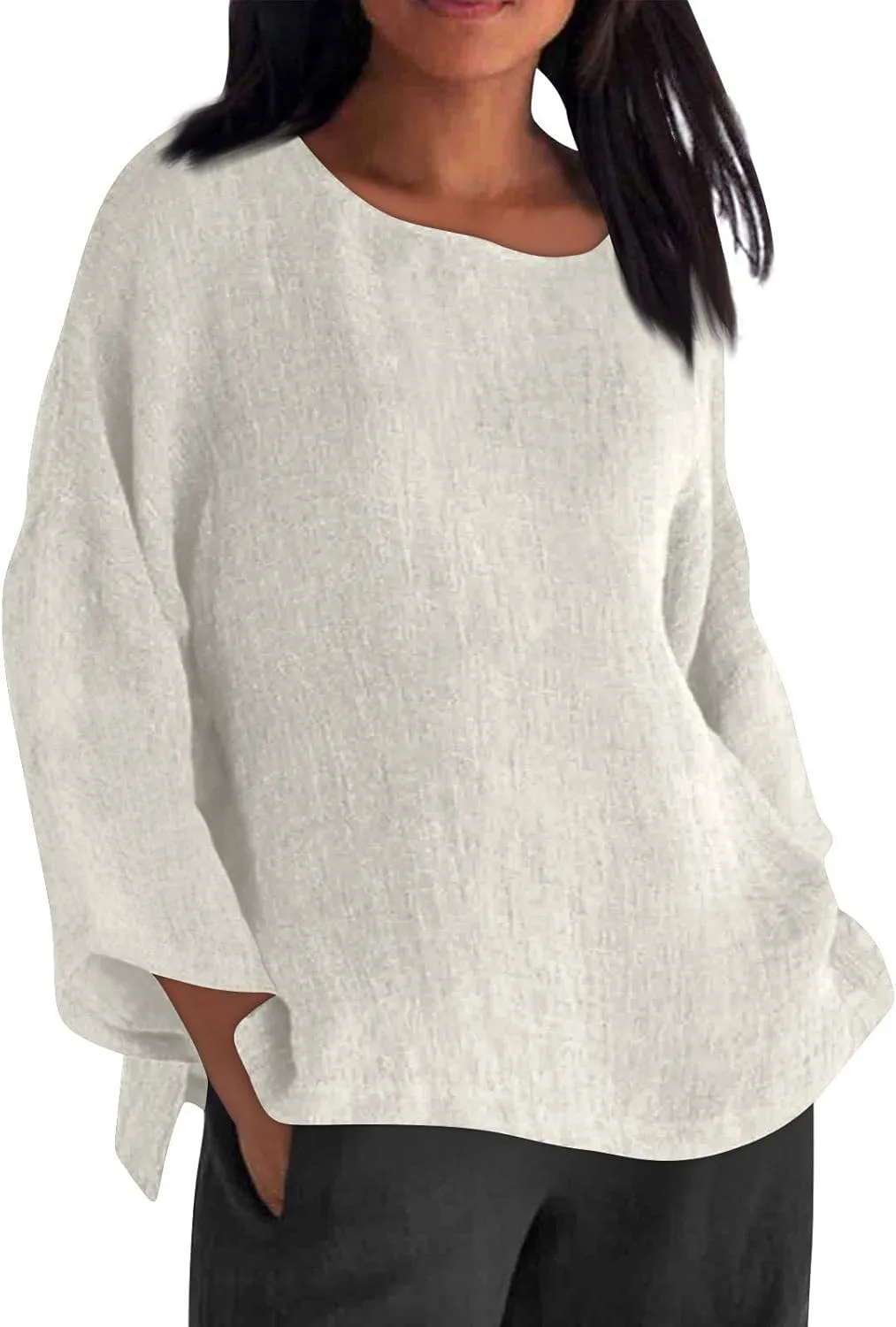 Long Sleeve Cotton Linen Shirts for Women Spring Summer Tops 2025 Blouse Plus Size Tunic Crewneck Tshirts Tees Tunic
