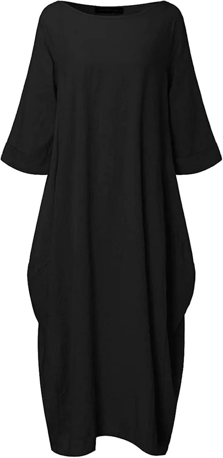 Long Sleeve Dress for Women Cotton Linen Long Dresses with Pockets Round Neck Plus Size Summer Dresses Maxi Dress