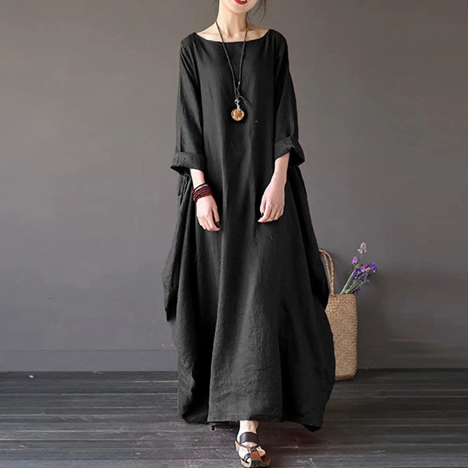 Long Sleeve Dress for Women Cotton Linen Long Dresses with Pockets Round Neck Plus Size Summer Dresses Maxi Dress
