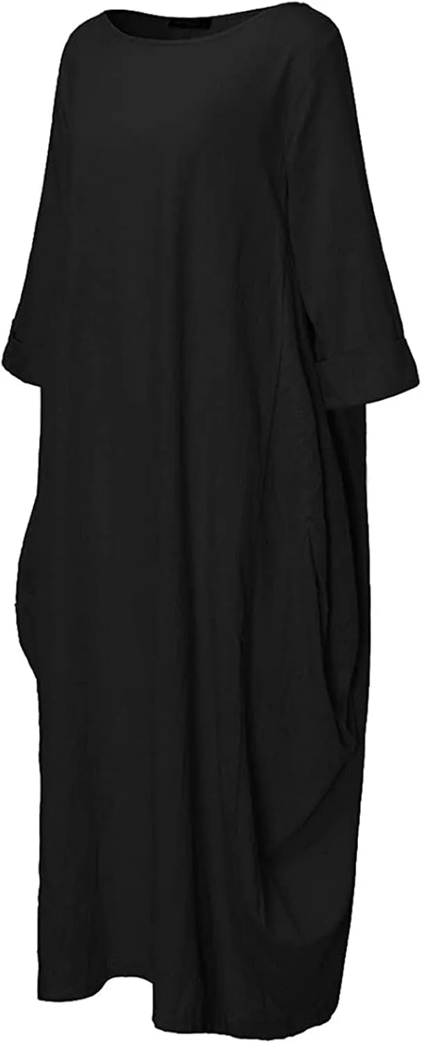 Long Sleeve Dress for Women Cotton Linen Long Dresses with Pockets Round Neck Plus Size Summer Dresses Maxi Dress