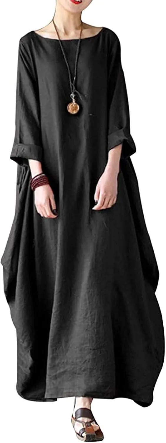Long Sleeve Dress for Women Cotton Linen Long Dresses with Pockets Round Neck Plus Size Summer Dresses Maxi Dress