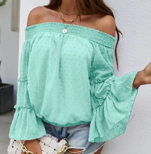 Long sleeve flared chiffon strapless neck openwork blouse