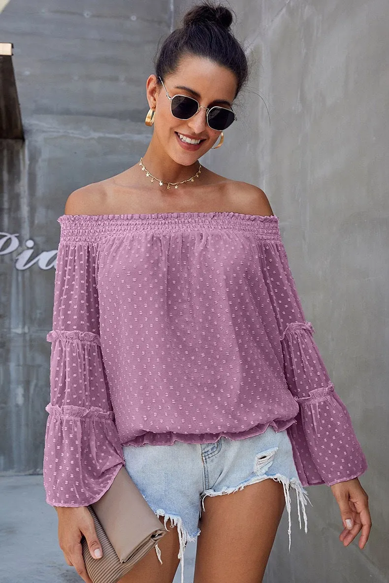 Long sleeve flared chiffon strapless neck openwork blouse