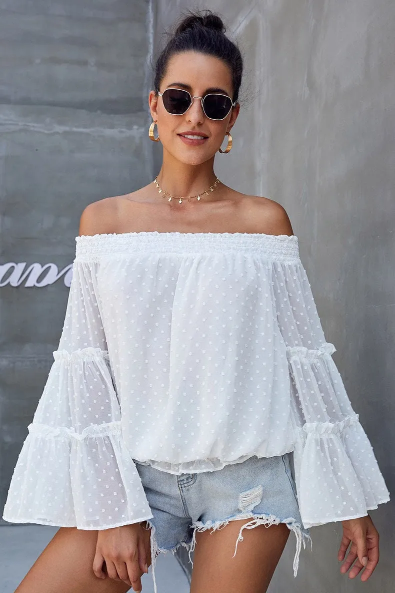 Long sleeve flared chiffon strapless neck openwork blouse