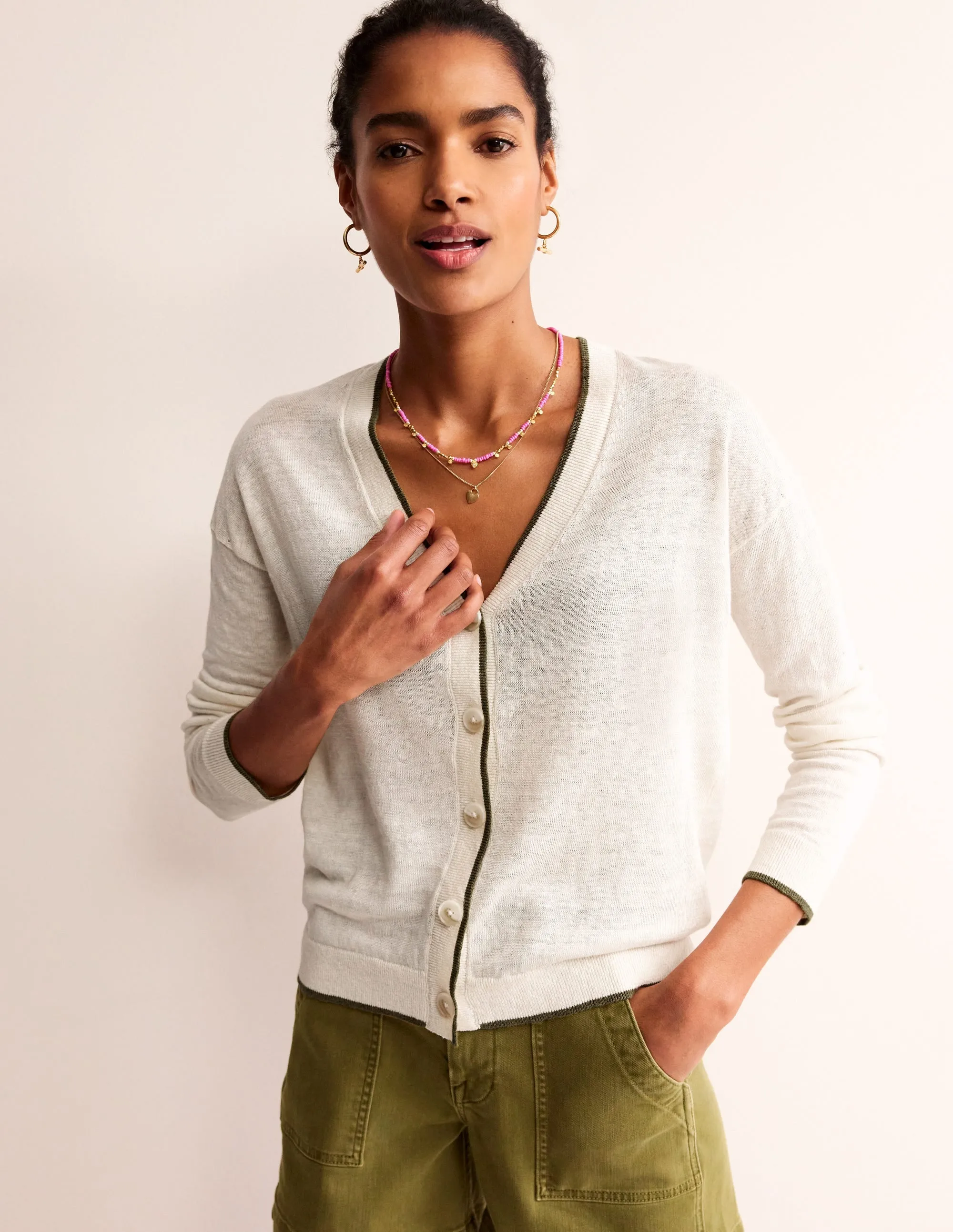 Maggie V-Neck Linen Cardigan-Warm Ivory