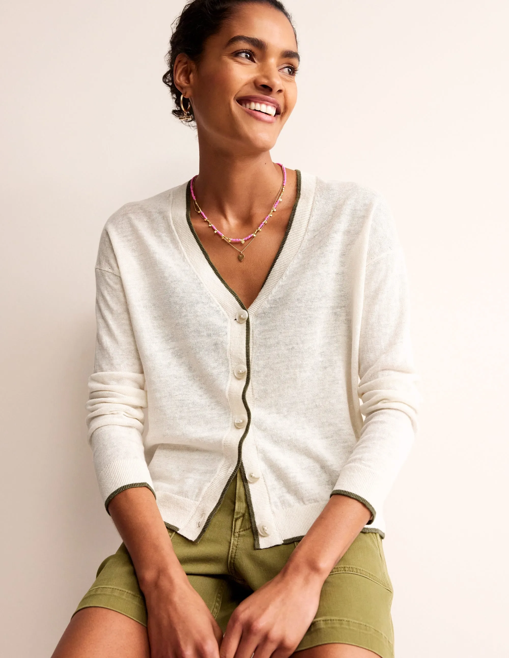 Maggie V-Neck Linen Cardigan-Warm Ivory