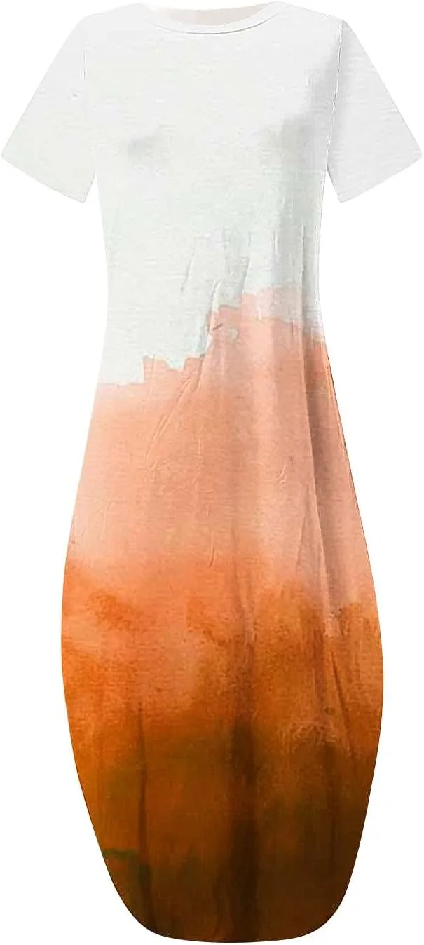 Maxi Dresses for Women Gradient Short Sleeve Irregular Hem Floral Casual Long Dress with Pocket Summer Beach Outfit