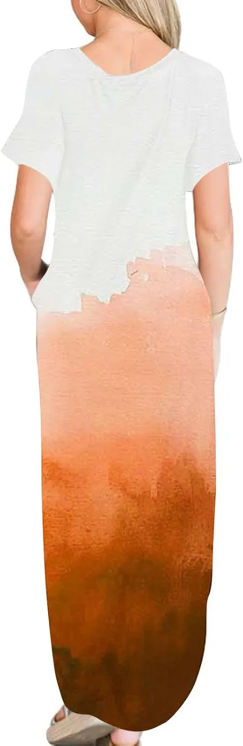 Maxi Dresses for Women Gradient Short Sleeve Irregular Hem Floral Casual Long Dress with Pocket Summer Beach Outfit
