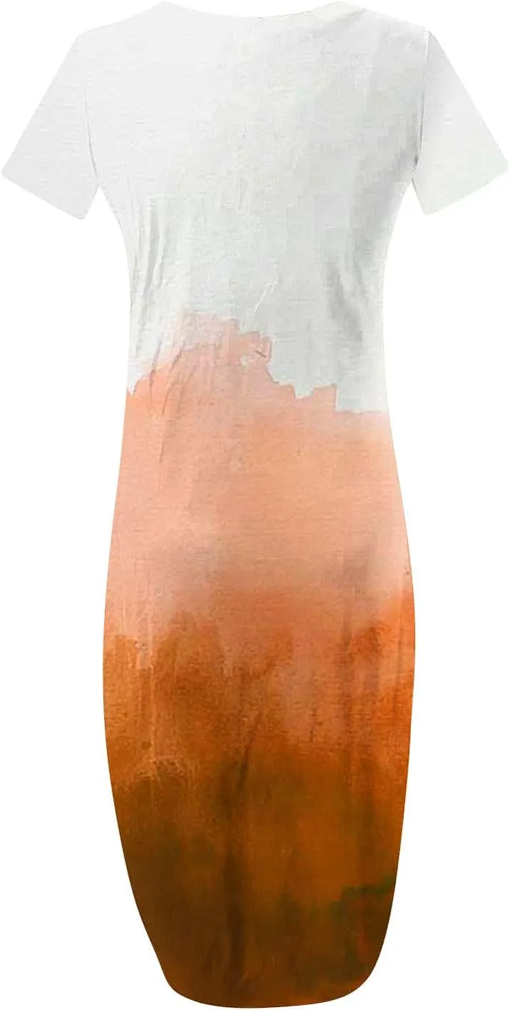 Maxi Dresses for Women Gradient Short Sleeve Irregular Hem Floral Casual Long Dress with Pocket Summer Beach Outfit