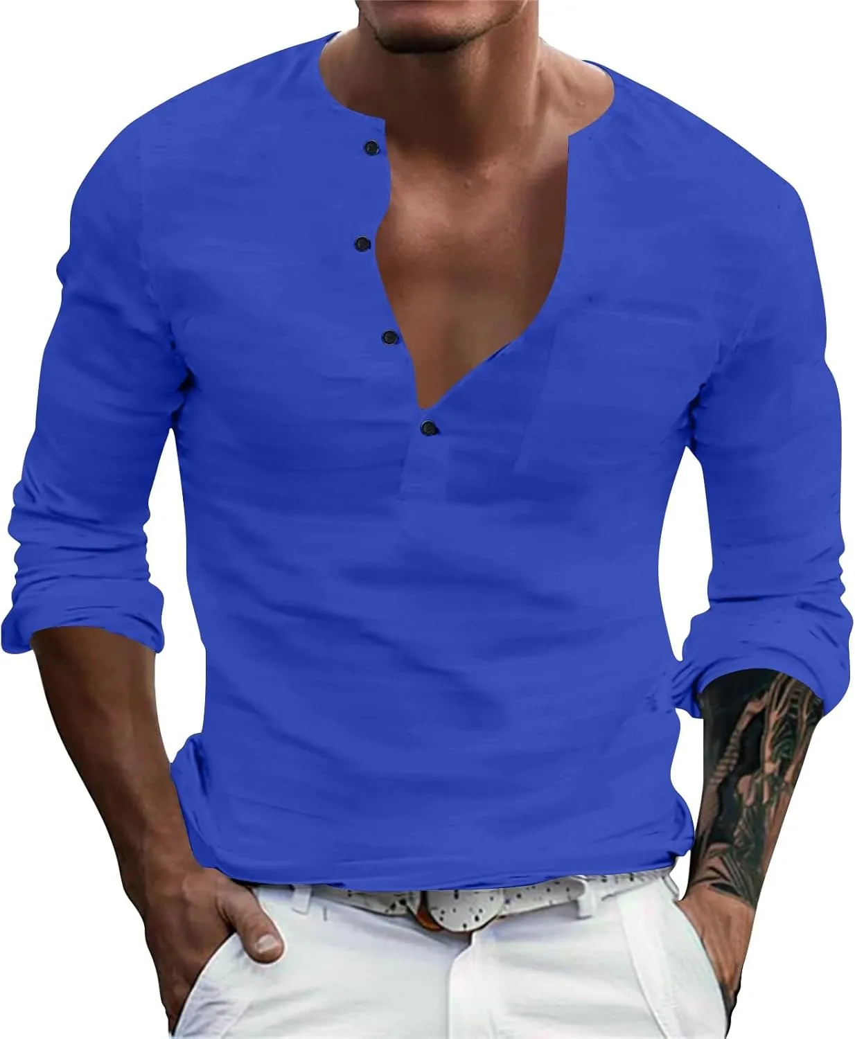 Men's Cotton Linen Henley T-Shirts Roll Up Long Sleeve Hippie Casual Beach Blouse Button Down Fashion Vacation Tops