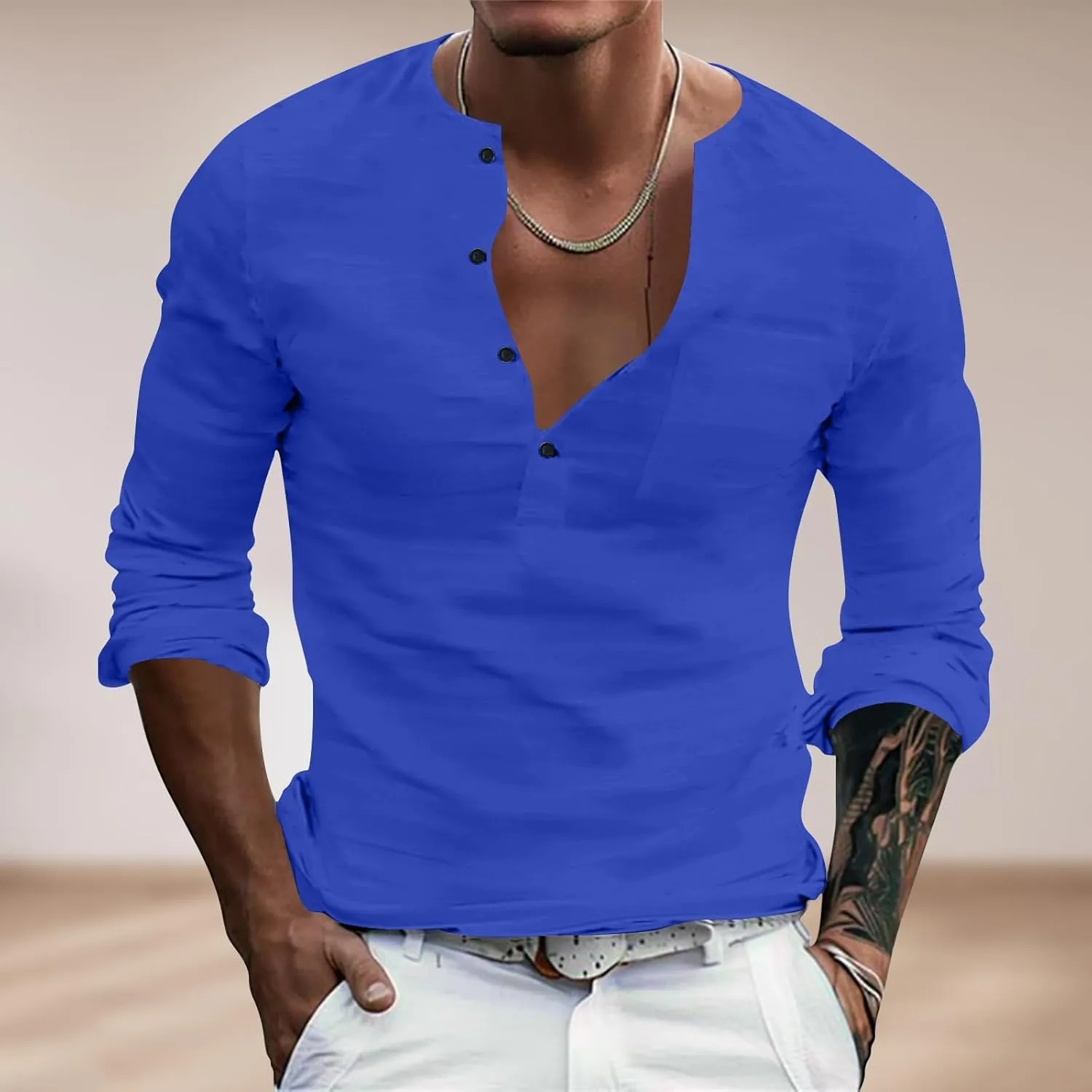 Men's Cotton Linen Henley T-Shirts Roll Up Long Sleeve Hippie Casual Beach Blouse Button Down Fashion Vacation Tops