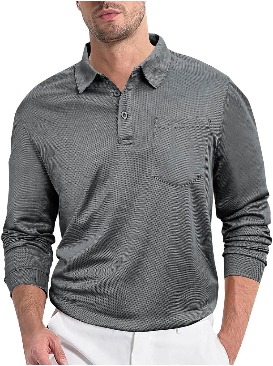 Mens Long Sleeve Polo Shirts Jersey Golf Shirt UPF 50  Quick Dry Button Casual Work Outdoor Lightweight Stylish Top