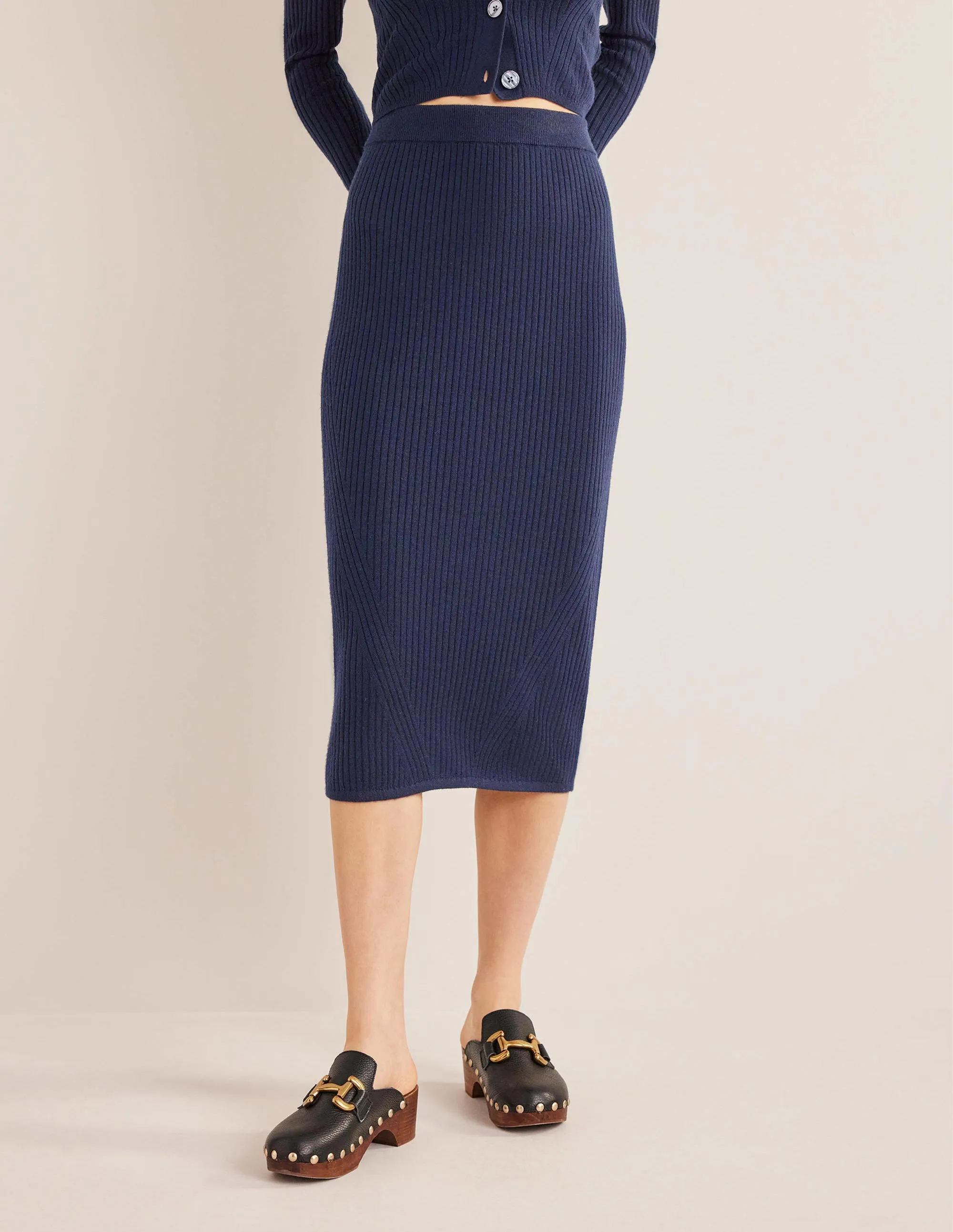 Merino Knit Midi Skirt-Navy