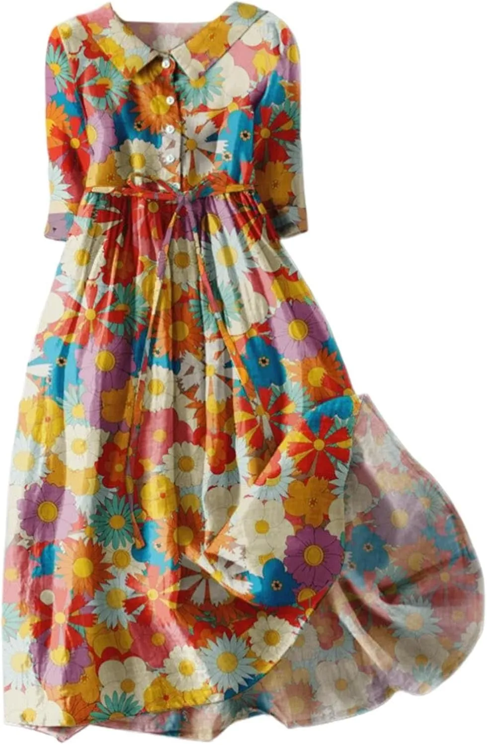 Midi Dresses for Women Button Down Floral Print Cotton Casual Dress with Belt Half Sleeve Empire Waist Summer Dress