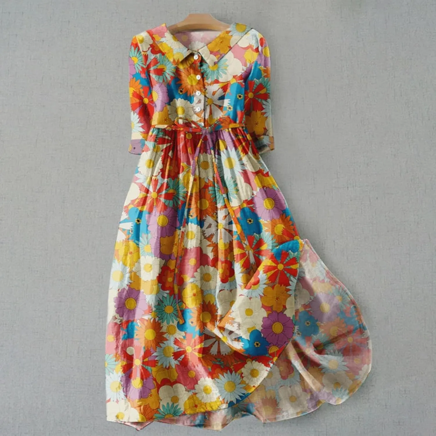 Midi Dresses for Women Button Down Floral Print Cotton Casual Dress with Belt Half Sleeve Empire Waist Summer Dress