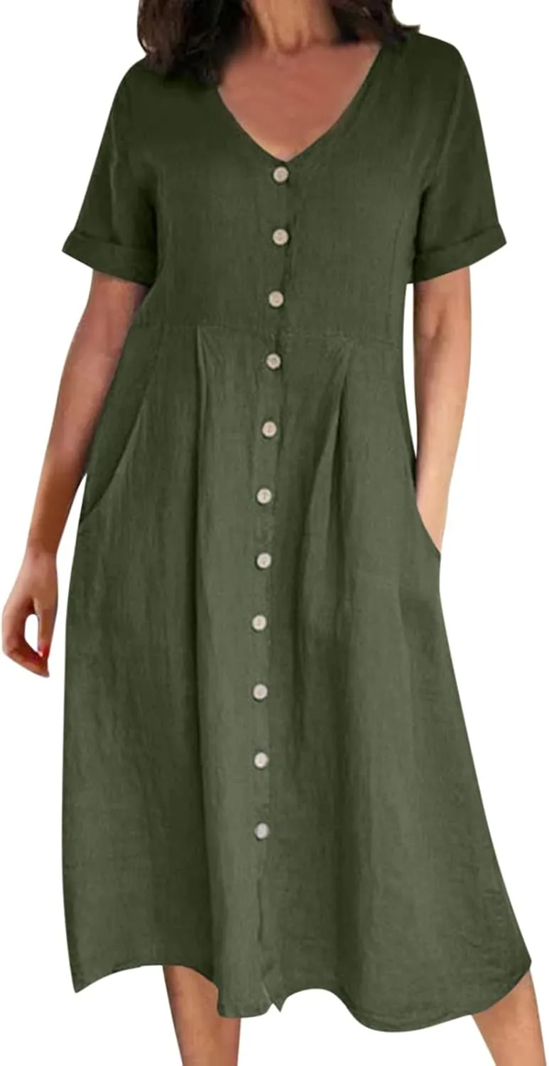 Midi Dresses for Women Casual Solid Button Down Long Dress with Pockets Loose V Neck Short Sleeve Summer Dresses