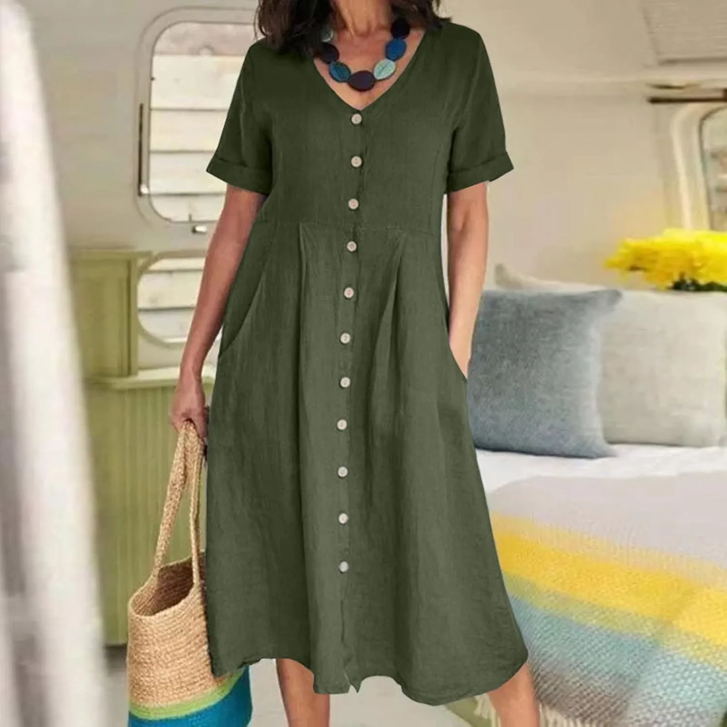 Midi Dresses for Women Casual Solid Button Down Long Dress with Pockets Loose V Neck Short Sleeve Summer Dresses