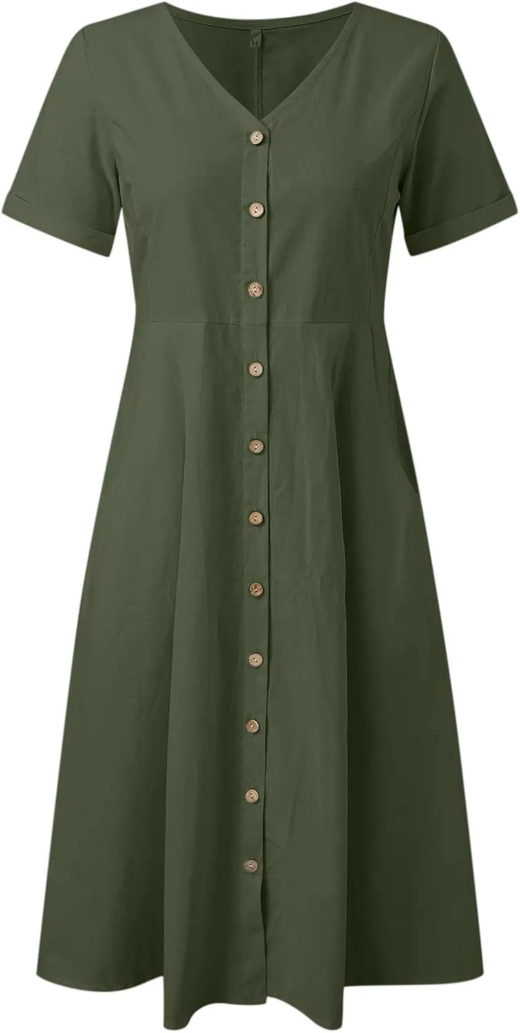 Midi Dresses for Women Casual Solid Button Down Long Dress with Pockets Loose V Neck Short Sleeve Summer Dresses