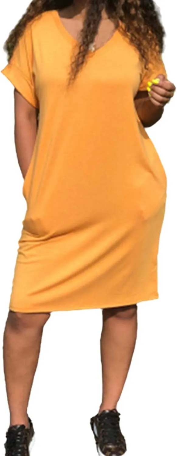 Midi Dresses for Women V Neck Short Sleeve Tshirt Dress with Pockets Casual Solid Maternity Dress Summer Dresses