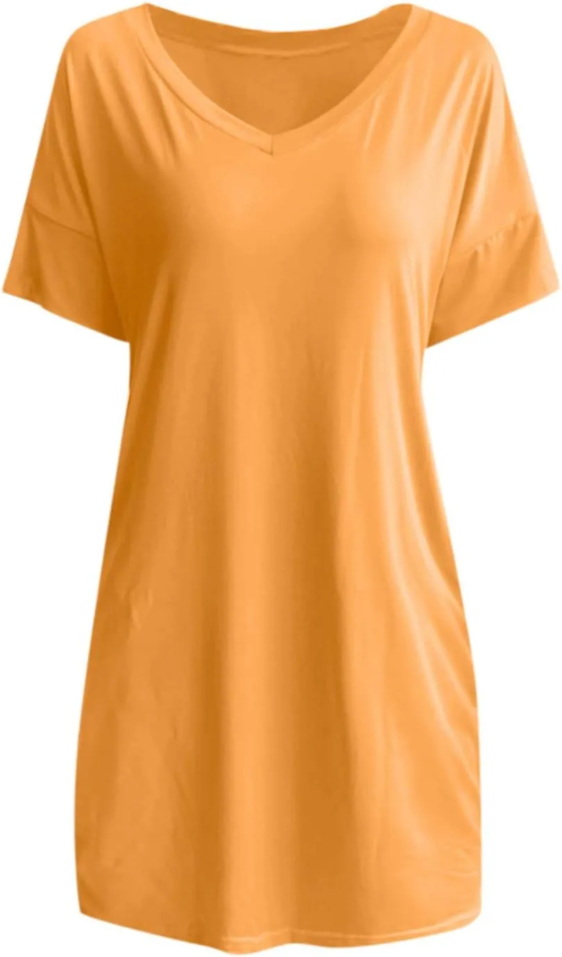Midi Dresses for Women V Neck Short Sleeve Tshirt Dress with Pockets Casual Solid Maternity Dress Summer Dresses