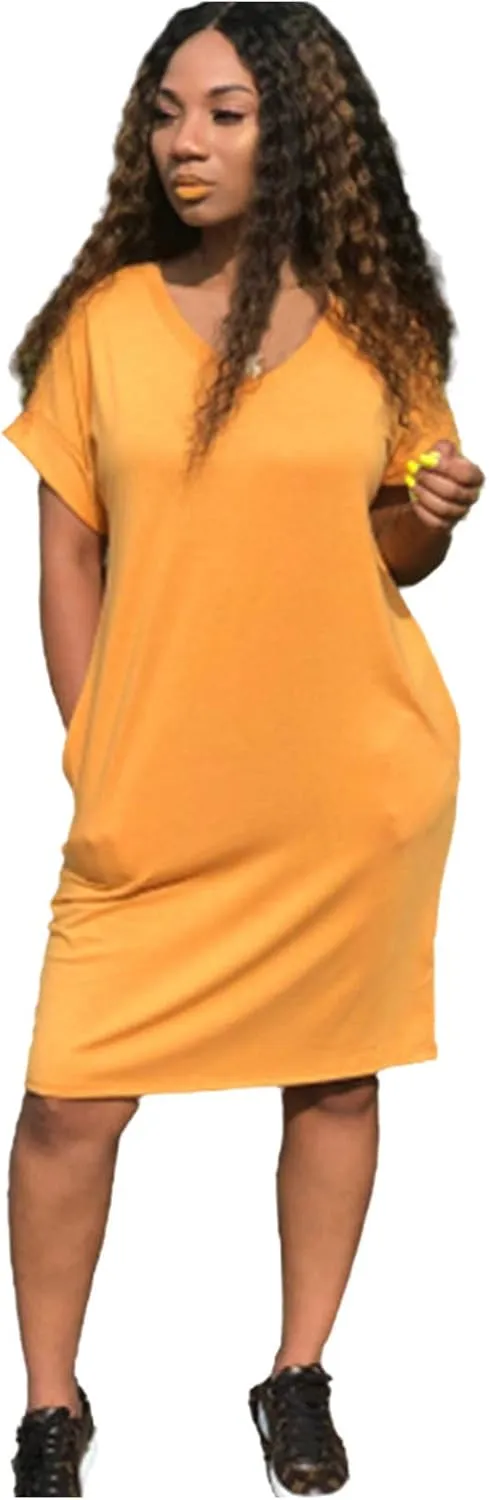 Midi Dresses for Women V Neck Short Sleeve Tshirt Dress with Pockets Casual Solid Maternity Dress Summer Dresses