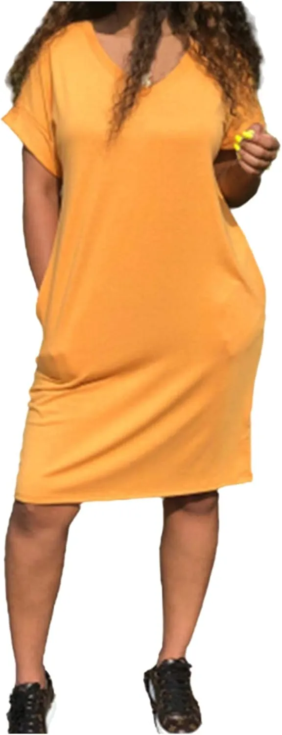 Midi Dresses for Women V Neck Short Sleeve Tshirt Dress with Pockets Casual Solid Maternity Dress Summer Dresses