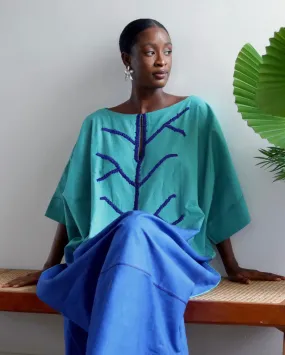Nabilah Green and Blue Tunic with Blue Beaded Neckline