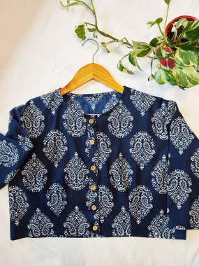 Navy Blue Cotton Handblock Printed Contemporary Blouse/ Crop Top