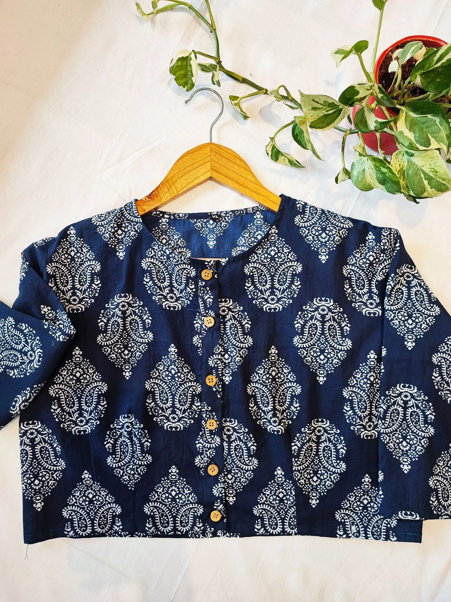 Navy Blue Cotton Handblock Printed Contemporary Blouse/ Crop Top