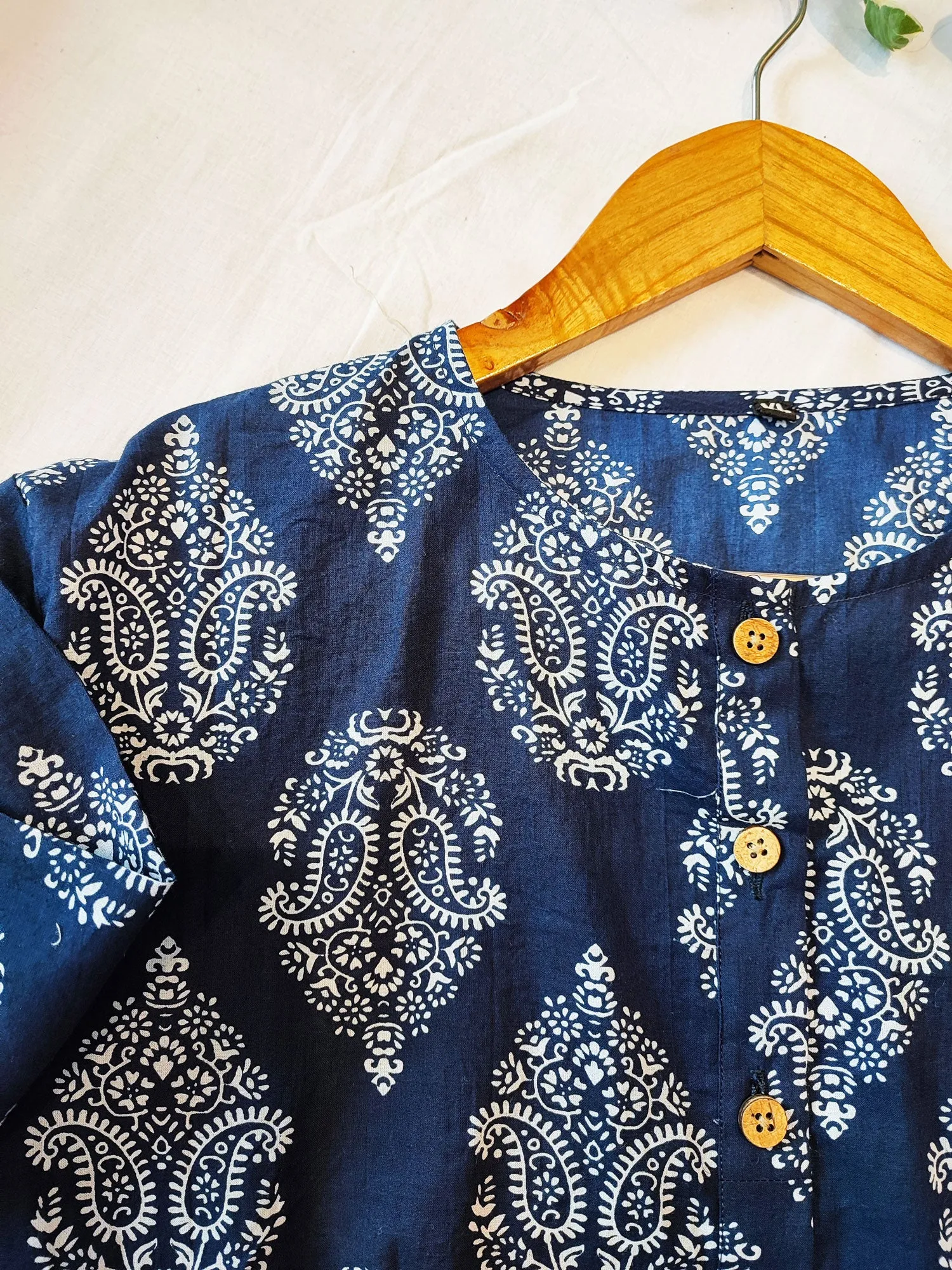 Navy Blue Cotton Handblock Printed Contemporary Blouse/ Crop Top
