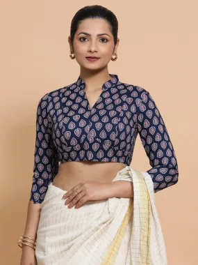 Nehal x Rozaana | Three Quarter Sleeves Cotton Saree Blouse in Indigo Blue Spade Block Print Fabric