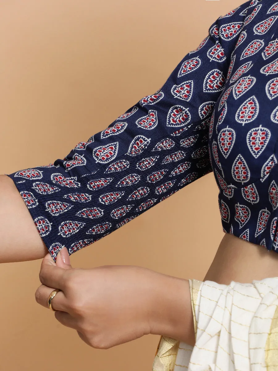Nehal x Rozaana | Three Quarter Sleeves Cotton Saree Blouse in Indigo Blue Spade Block Print Fabric