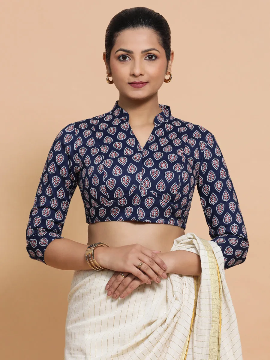 Nehal x Rozaana | Three Quarter Sleeves Cotton Saree Blouse in Indigo Blue Spade Block Print Fabric