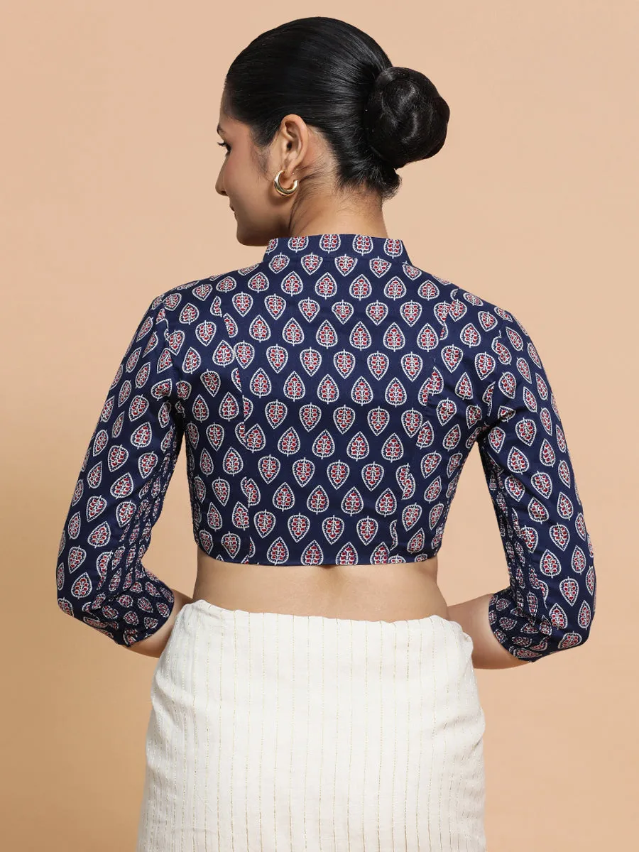 Nehal x Rozaana | Three Quarter Sleeves Cotton Saree Blouse in Indigo Blue Spade Block Print Fabric