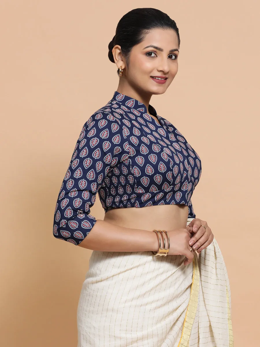 Nehal x Rozaana | Three Quarter Sleeves Cotton Saree Blouse in Indigo Blue Spade Block Print Fabric