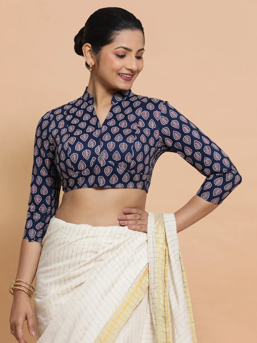 Nehal x Rozaana | Three Quarter Sleeves Cotton Saree Blouse in Indigo Blue Spade Block Print Fabric