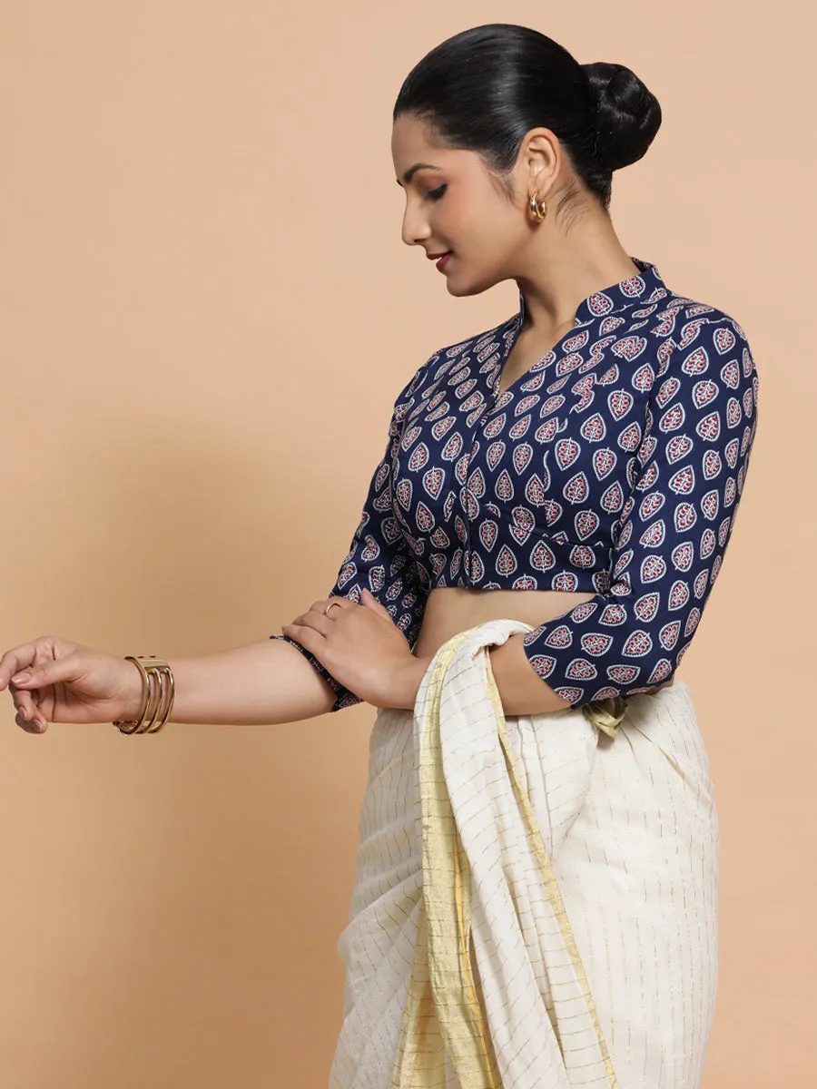 Nehal x Rozaana | Three Quarter Sleeves Cotton Saree Blouse in Indigo Blue Spade Block Print Fabric