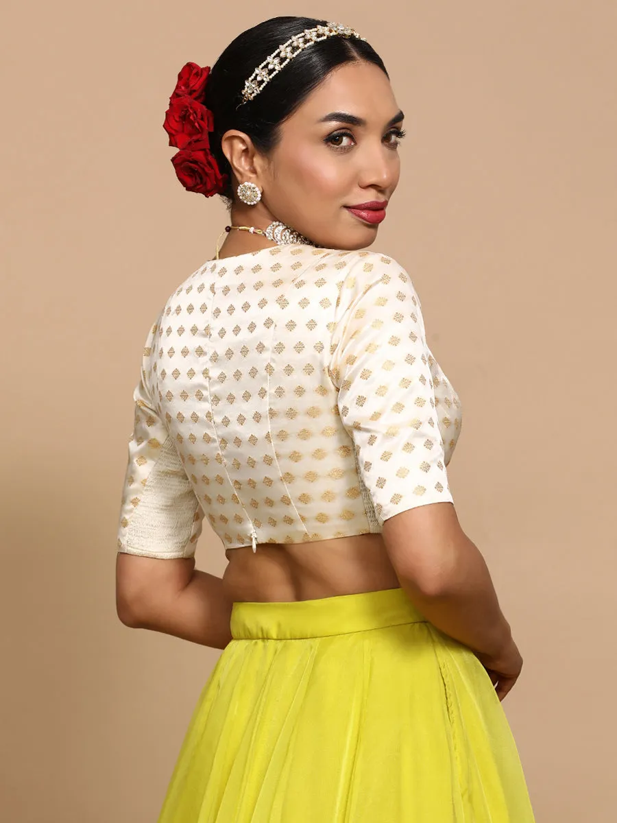 Nida x Tyohaar | Elbow Sleeves Satin Viscose Saree Blouse in Cream Butta Fabric