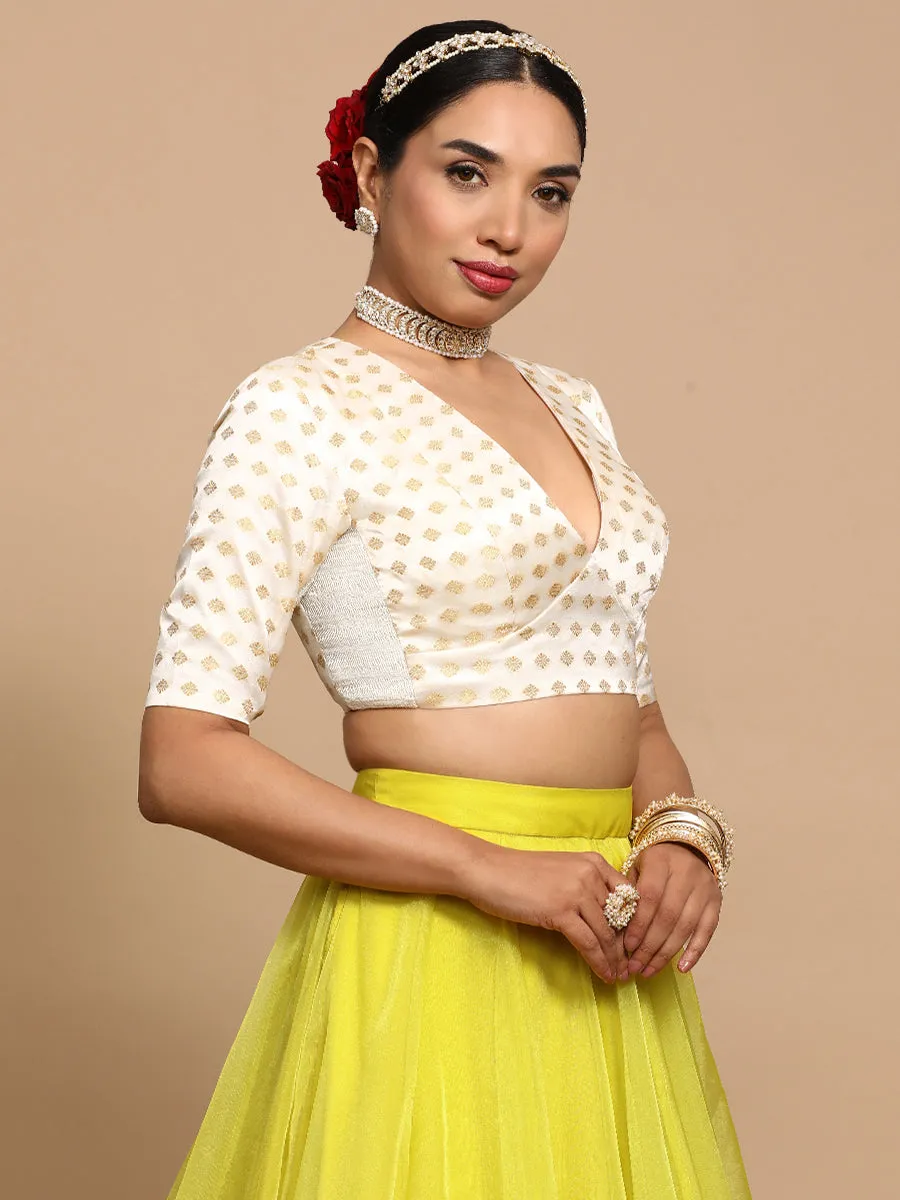 Nida x Tyohaar | Elbow Sleeves Satin Viscose Saree Blouse in Cream Butta Fabric
