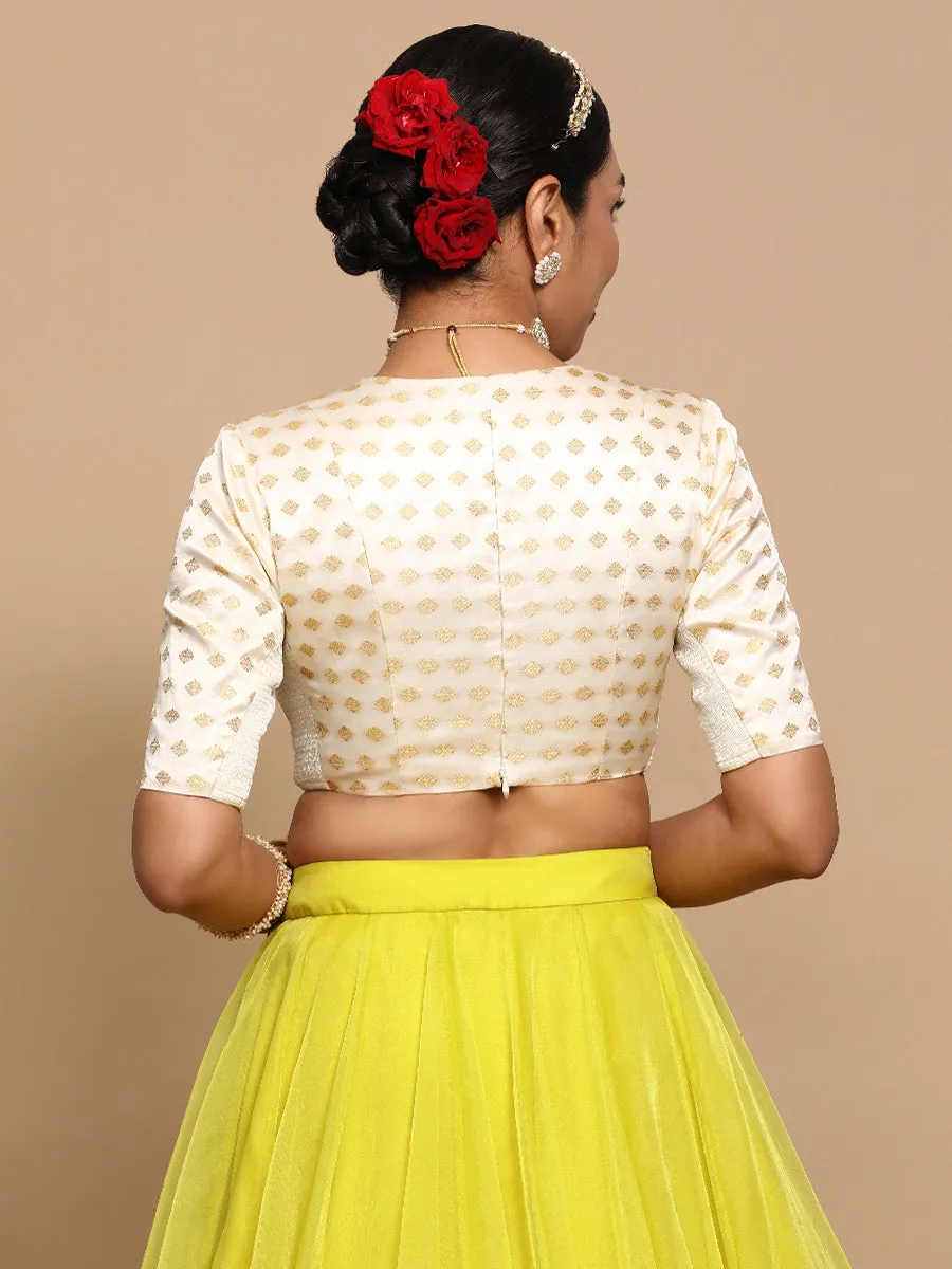 Nida x Tyohaar | Elbow Sleeves Satin Viscose Saree Blouse in Cream Butta Fabric