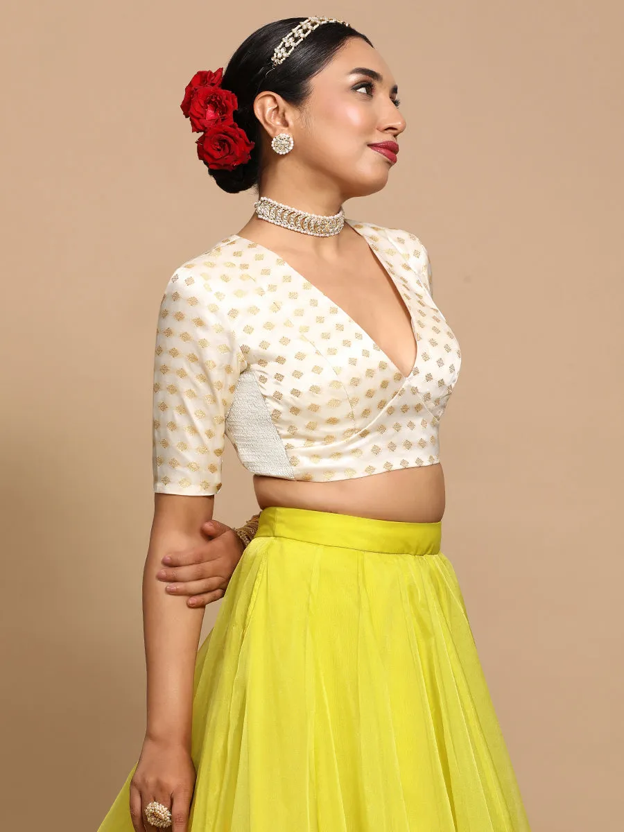 Nida x Tyohaar | Elbow Sleeves Satin Viscose Saree Blouse in Cream Butta Fabric