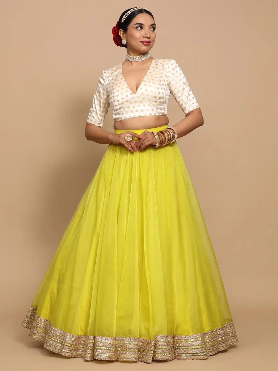 Nida x Tyohaar | Elbow Sleeves Satin Viscose Saree Blouse in Cream Butta Fabric