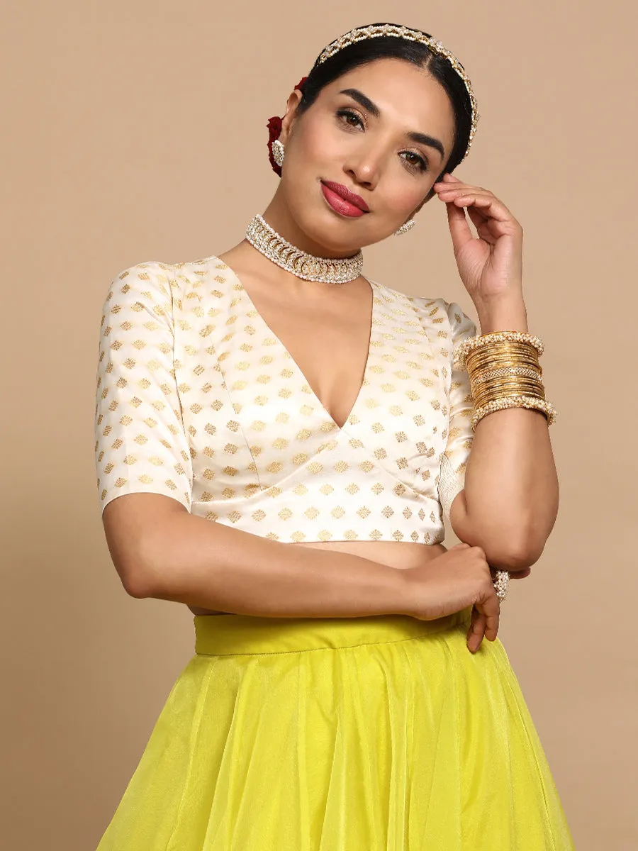 Nida x Tyohaar | Elbow Sleeves Satin Viscose Saree Blouse in Cream Butta Fabric