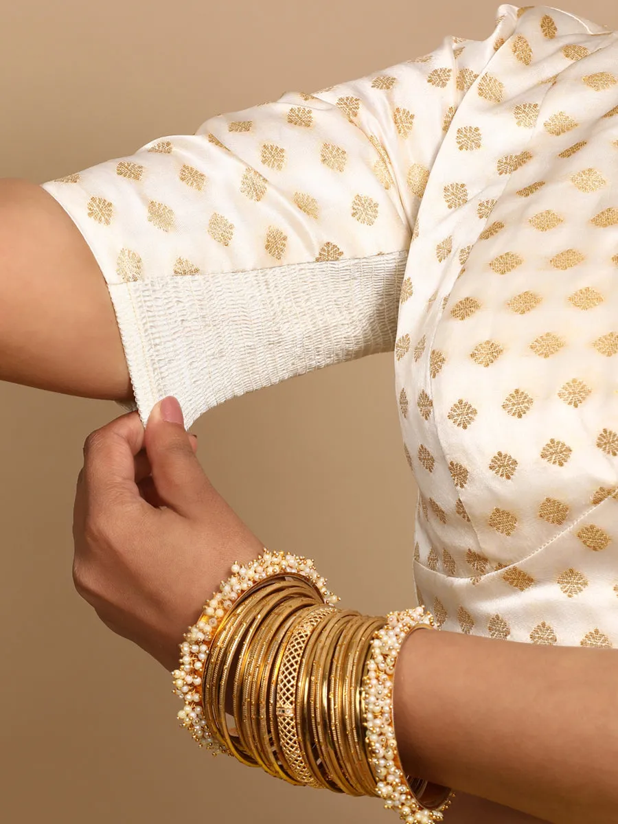 Nida x Tyohaar | Elbow Sleeves Satin Viscose Saree Blouse in Cream Butta Fabric