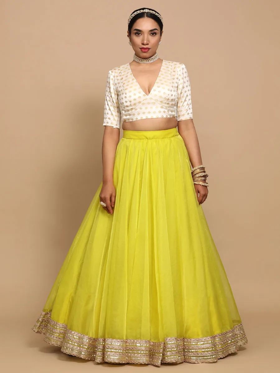 Nida x Tyohaar | Elbow Sleeves Satin Viscose Saree Blouse in Cream Butta Fabric
