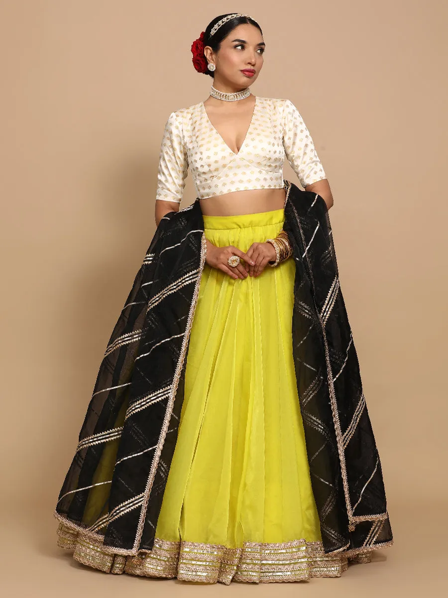 Nida x Tyohaar | Elbow Sleeves Satin Viscose Saree Blouse in Cream Butta Fabric
