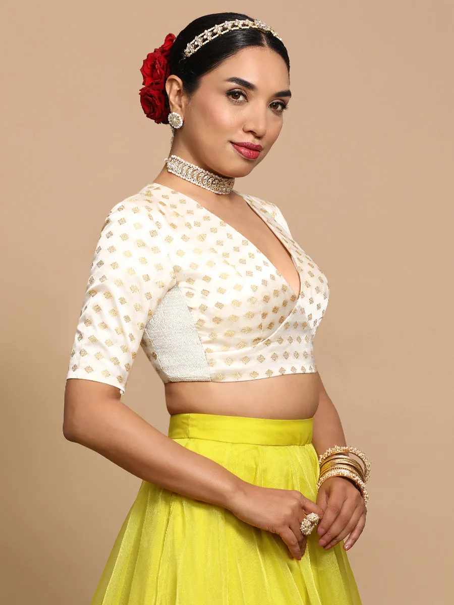 Nida x Tyohaar | Elbow Sleeves Satin Viscose Saree Blouse in Cream Butta Fabric