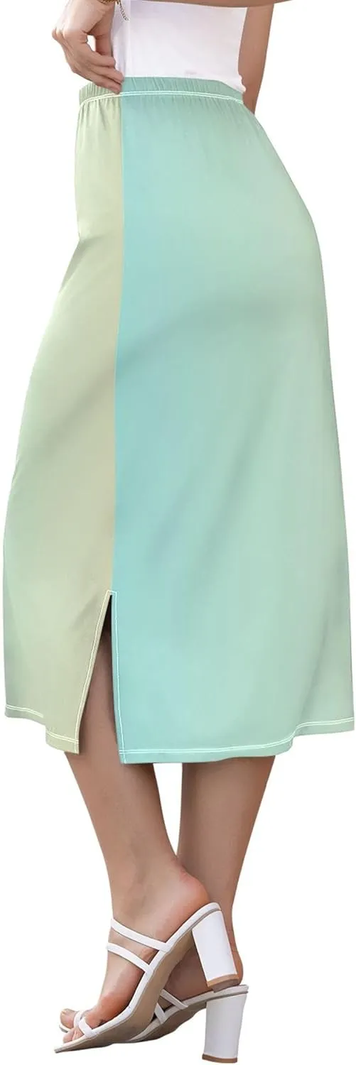Orange Polka Dots Midi Skirt Slit Womens Cute Pencil Skirt High Waist Stretch A Line Skirt S