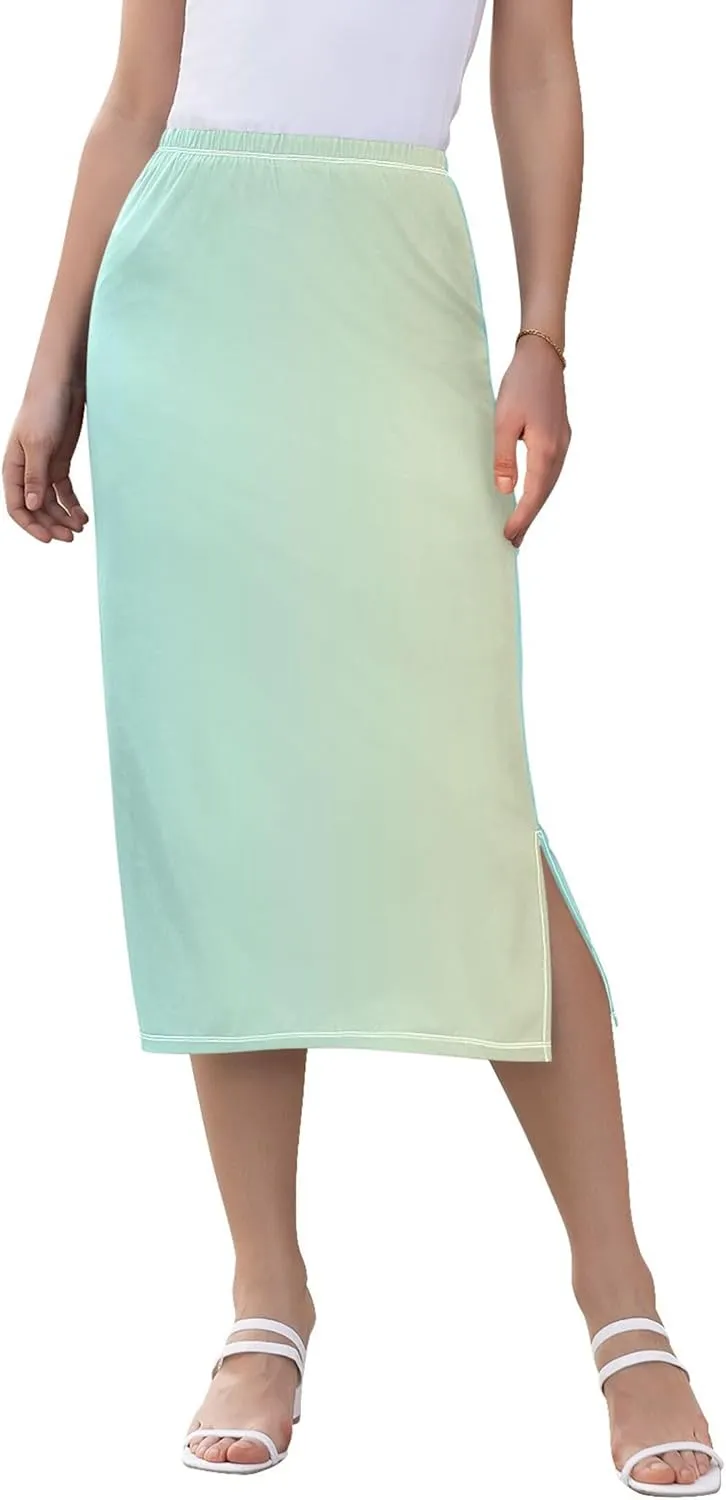 Orange Polka Dots Midi Skirt Slit Womens Cute Pencil Skirt High Waist Stretch A Line Skirt S