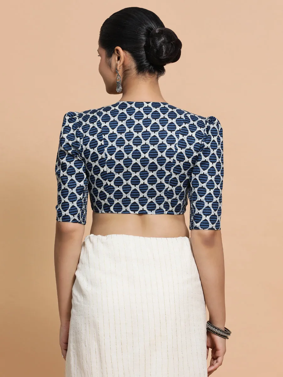 Payal x Rozaana | Elbow Sleeves Cotton Saree Blouse in Indigo Blue Leaf Block Print Fabric